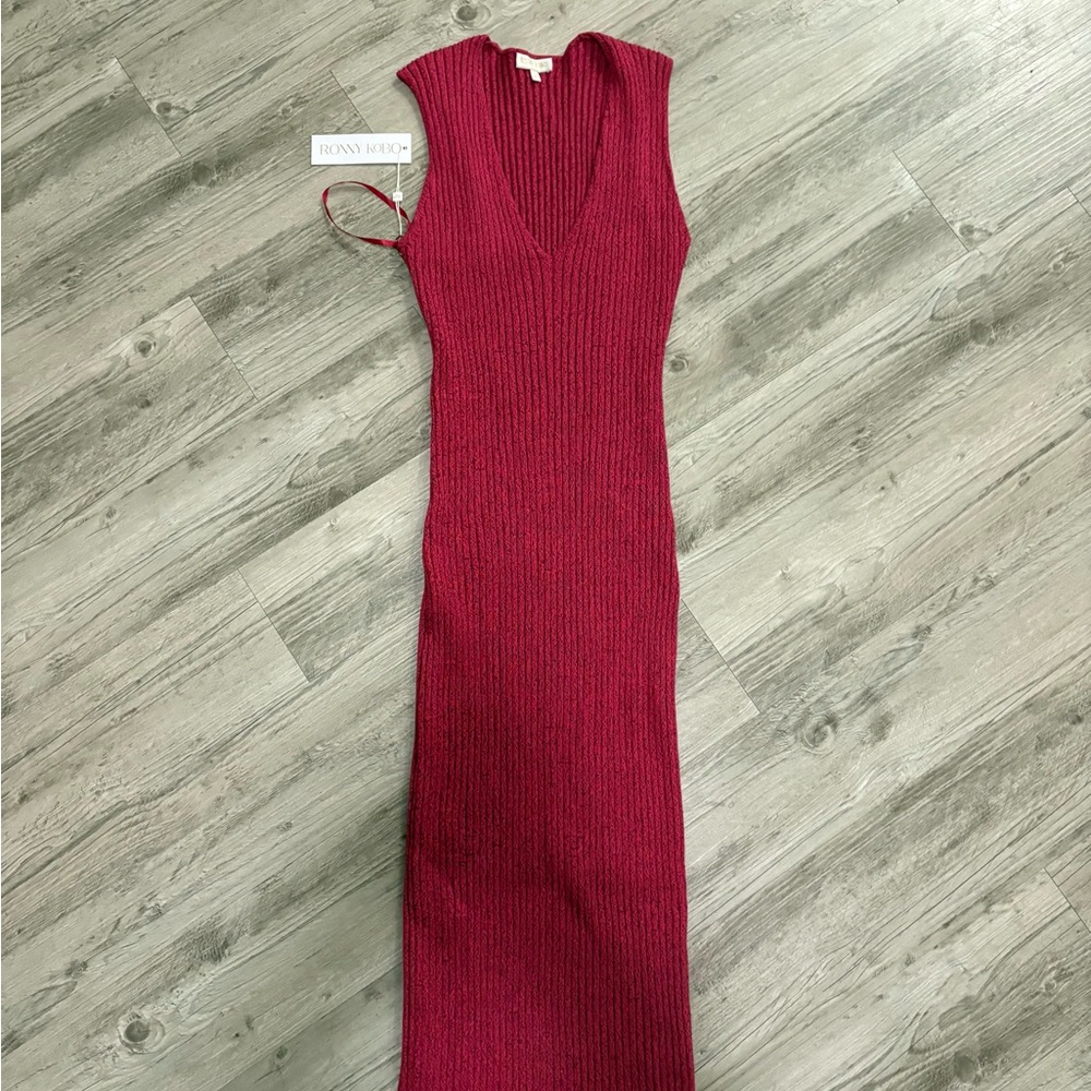 Ronny Kobo Collection Red Ribbed Sheath Maxi Dress